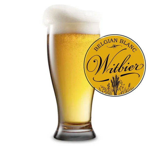Glass of Belgian Blanc Witbier beer with a label on a white background