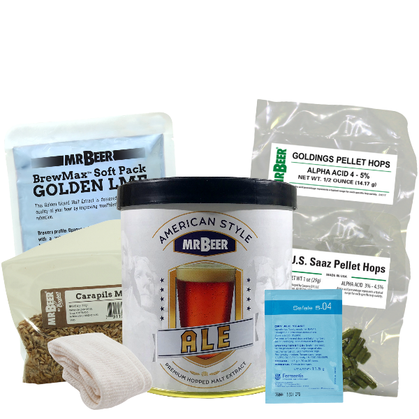Cartwheel Summer Ale recipe ingredients with American Ale extract, Golden LME, Carapils Malt, Saaz hops, Goldings hops, muslin hop sacks, cleanser, and S-04 yeast