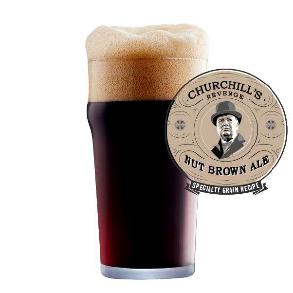 Churchill’s Revenge Nut Brown Ale finished beer with recipe badge