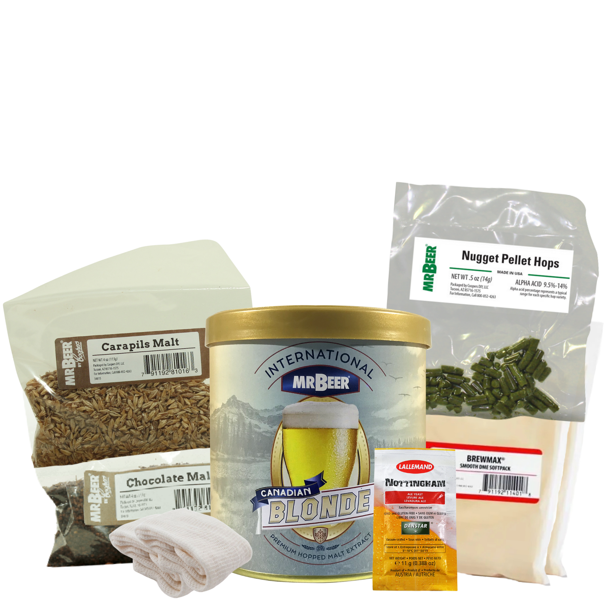 Churchill’s Revenge Nut Brown Ale recipe ingredients with Canadian Blonde extract, Smooth DME, Carapils Malt, Chocolate Malt, Nugget hops, muslin hop sacks, cleanser, and Nottingham yeast