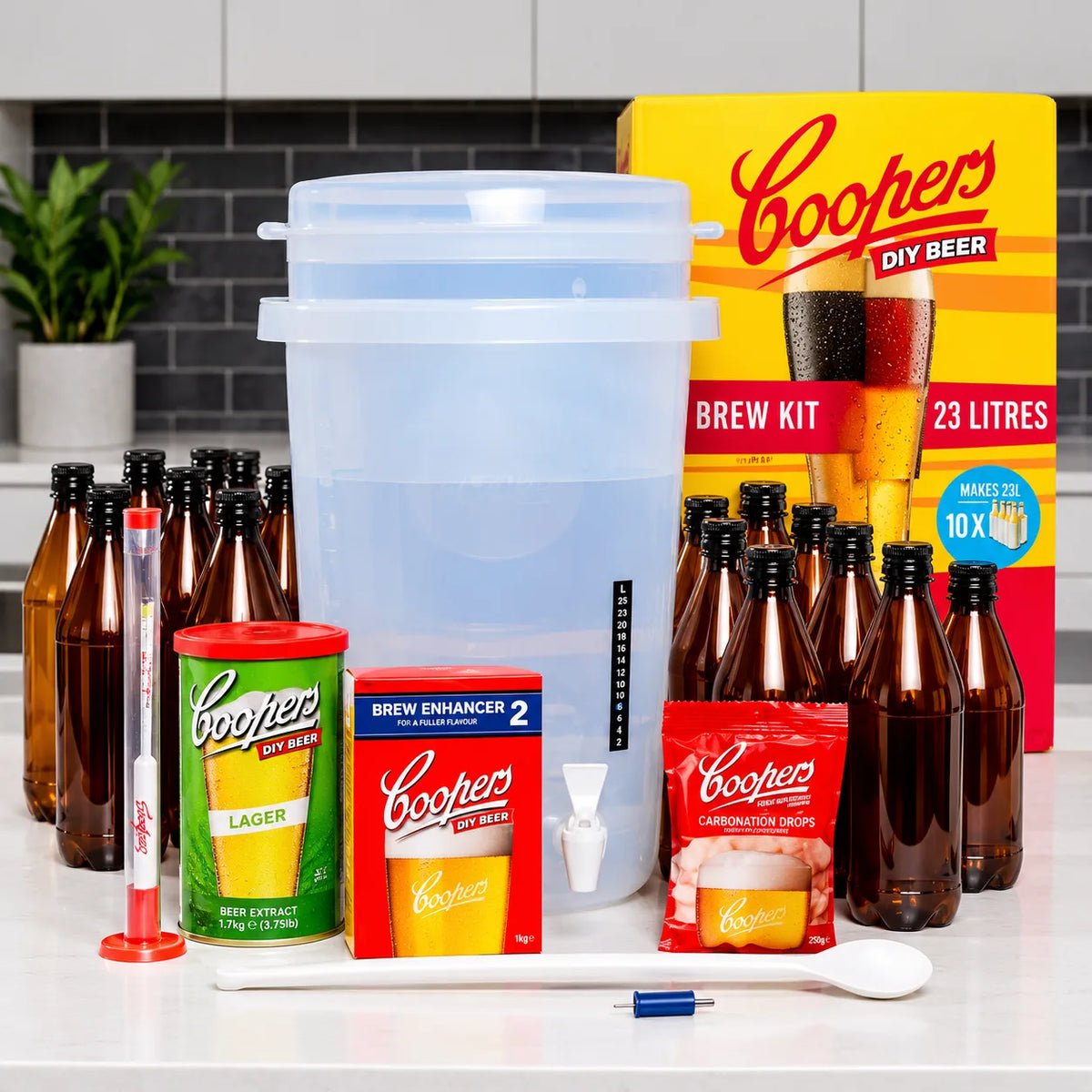 Coopers 5 Gallon Homebrew Kit displayed in a modern kitchen