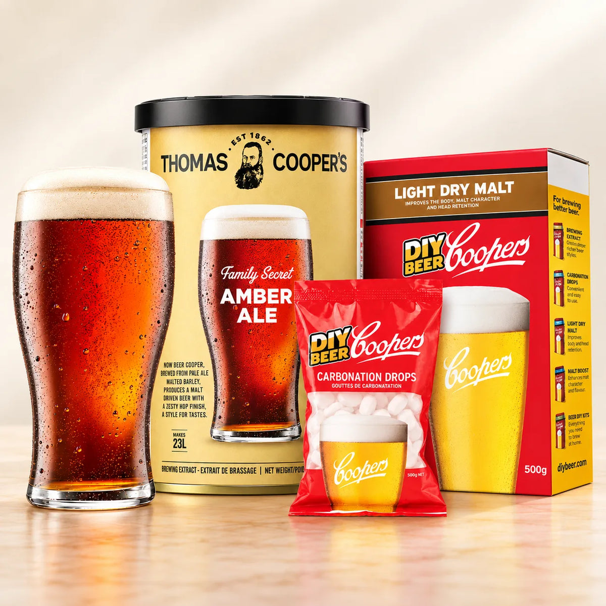 Thomas Coopers Family Secret Amber Ale refill with carbonation drops, light dry malt, and a glass of amber beer.
