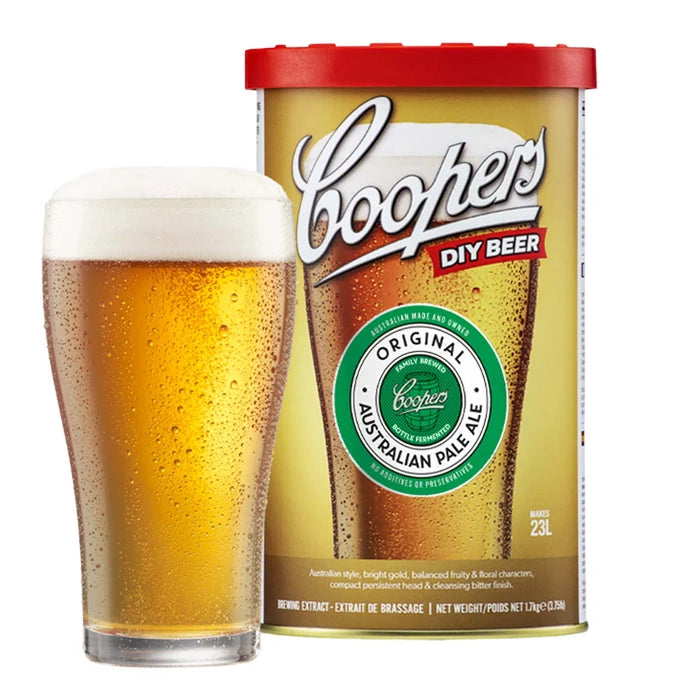 Coopers Australian Pale Ale Brewing Extract can with a glass of pale golden beer