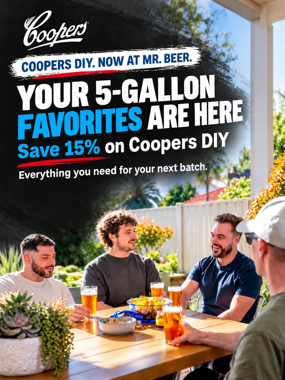 Coopers DIY at Mr. Beer hero banner showing homebrewers enjoying beer outdoors with 15% off Coopers DIY brewing supplies and refills