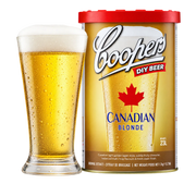 Coopers Canadian Blonde 5-gallon brewing extract refill with a glass of pale golden beer