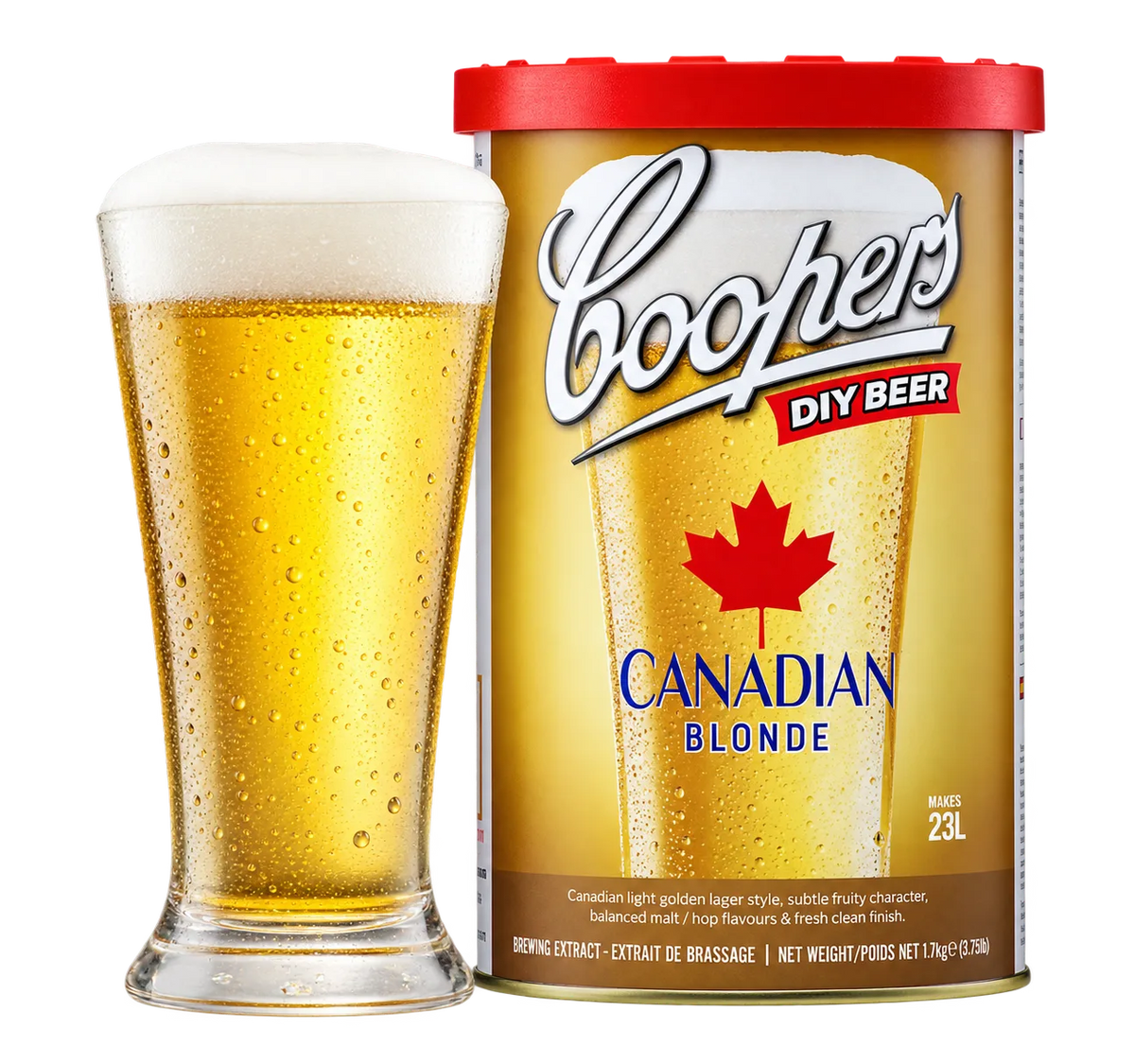 Coopers Canadian Blonde 5-gallon brewing extract refill with a glass of pale golden beer
