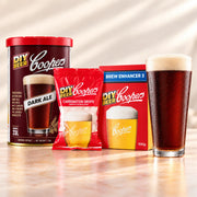 Coopers DIY Dark Ale 5 Gallon Refill with Coopers Dark Ale extract, Coopers Brew Enhancer 3, and Coopers Carbonation Drops.