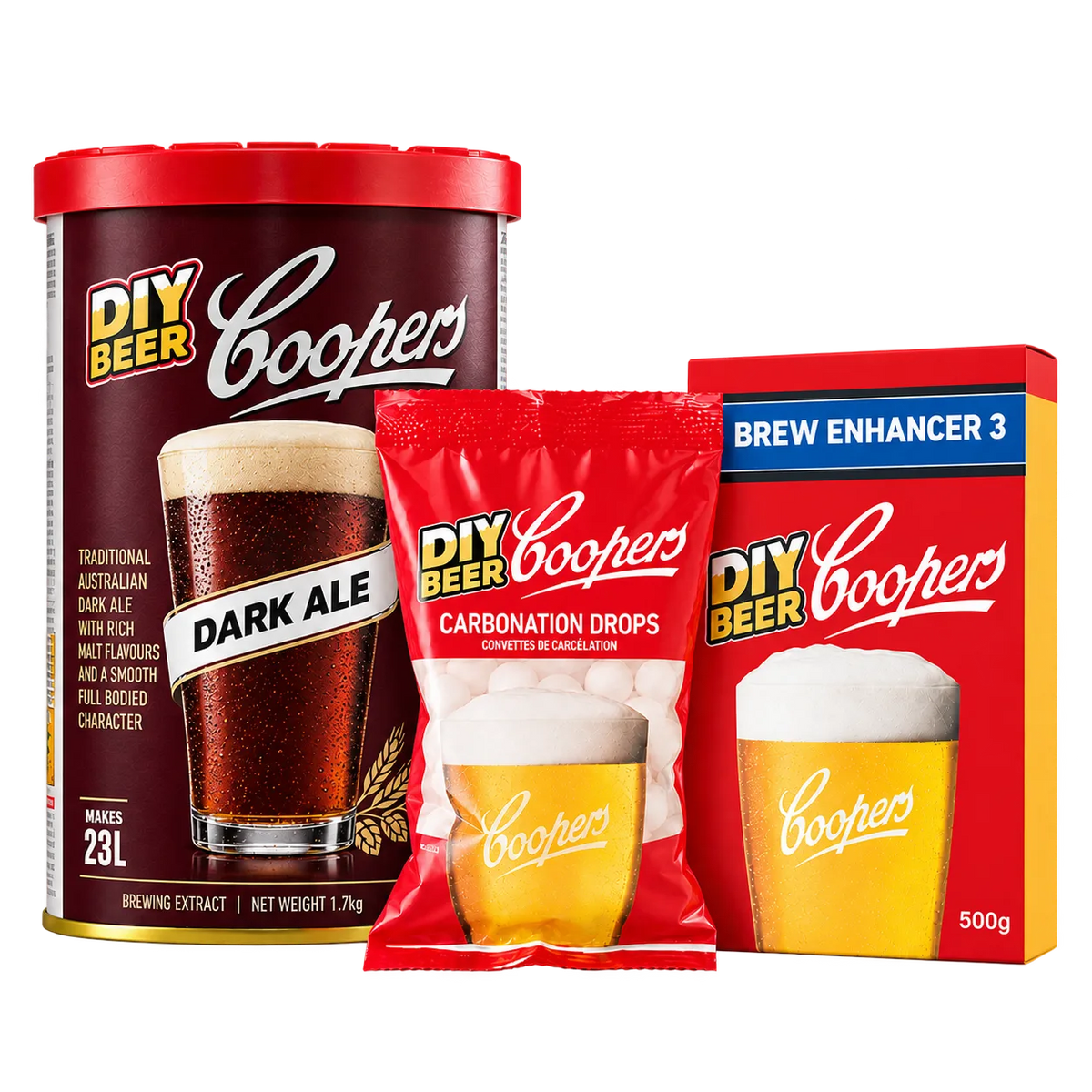 Coopers Dark Ale refill ingredients including Coopers Dark Ale brewing extract, Coopers Carbonation Drops, and Coopers Brew Enhancer 3