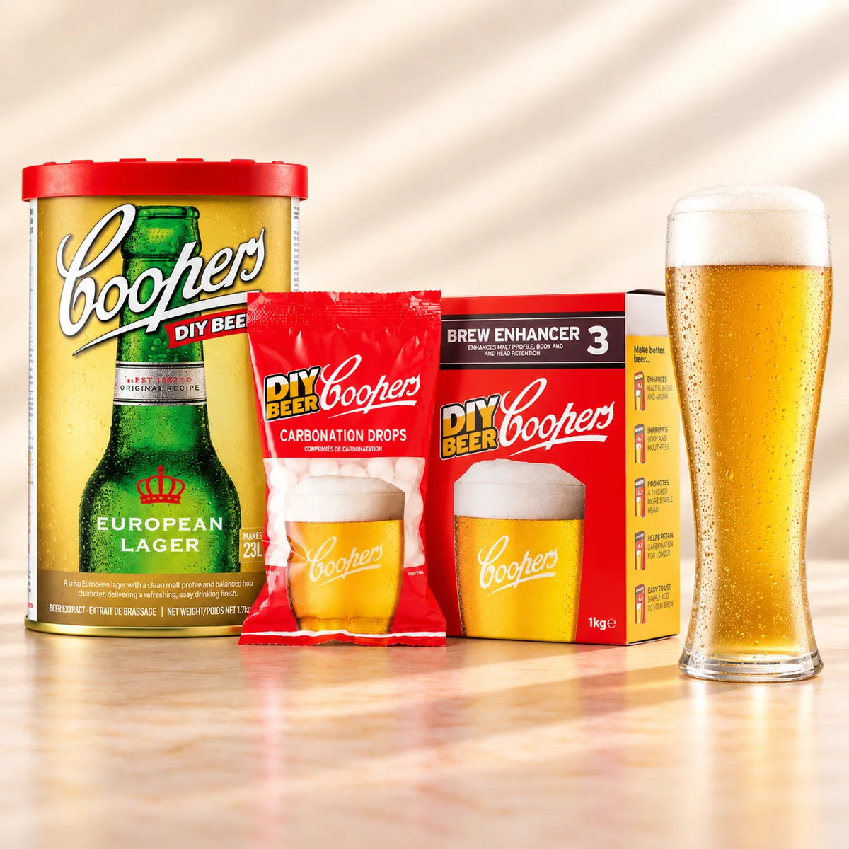 Coopers DIY European Lager 5 Gallon Refill with beer glass, carbonation drops, and Brew Enhancer 3