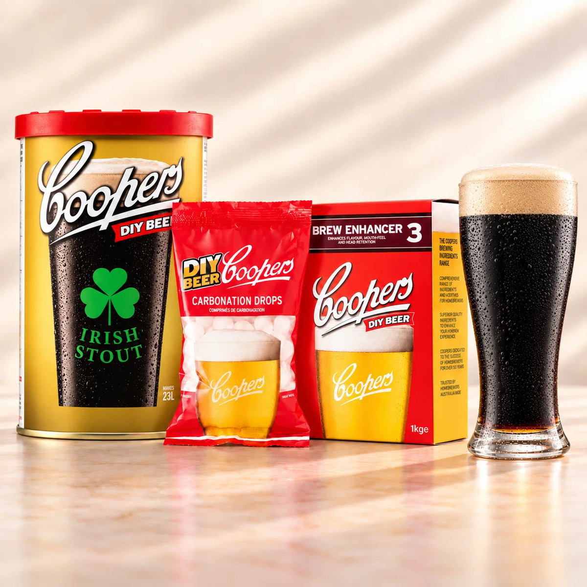 Coopers DIY Irish Stout 5 Gallon Refill with stout beer glass, carbonation drops, and Brew Enhancer 3