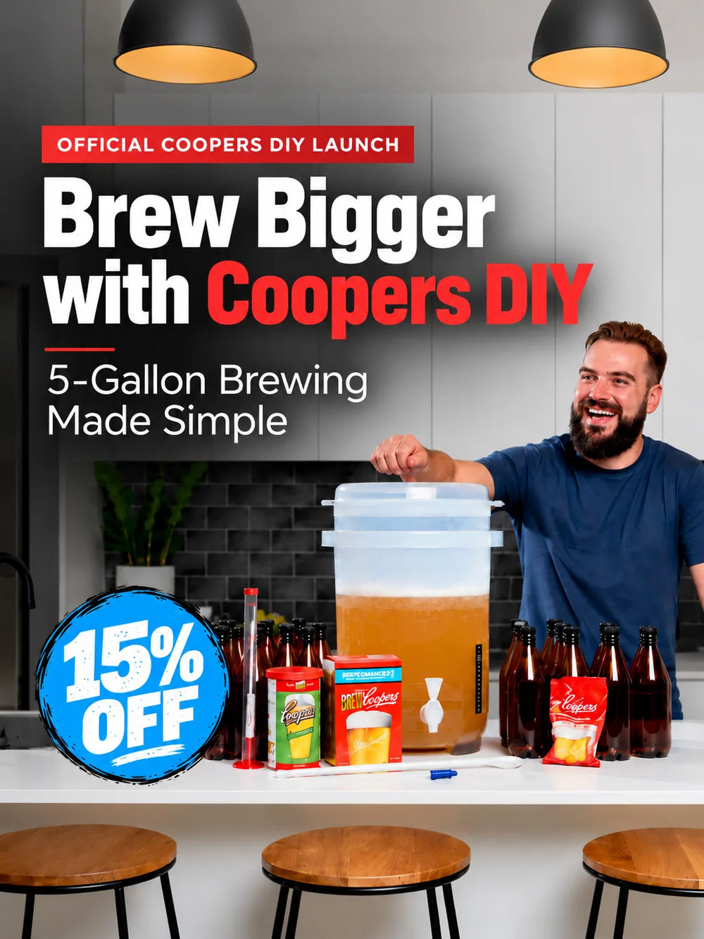 Homebrewer with Coopers DIY 5-gallon brewing kit and fermenter in a modern kitchen with promotional text for the official Coopers DIY launch and 15% off.