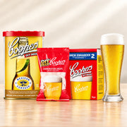 Coopers DIY Mexican Cerveza 5 Gallon Refill with beer glass, carbonation drops, and Brew Enhancer 2