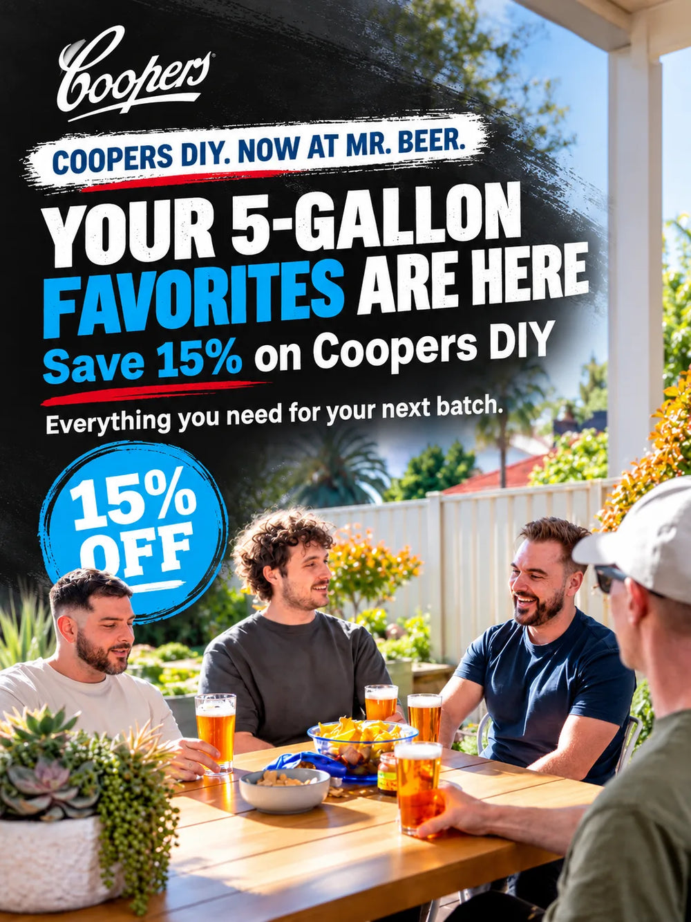 Coopers DIY now at Mr. Beer hero banner featuring homebrewers enjoying beer outdoors with text promoting 15% off Coopers DIY brewing products.