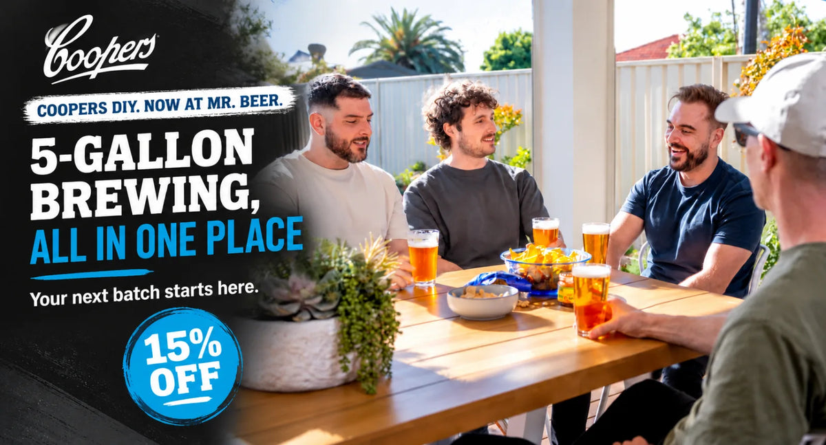 Coopers DIY now at Mr. Beer hero banner featuring homebrewers enjoying beer outdoors with text promoting 15% off Coopers DIY brewing products.