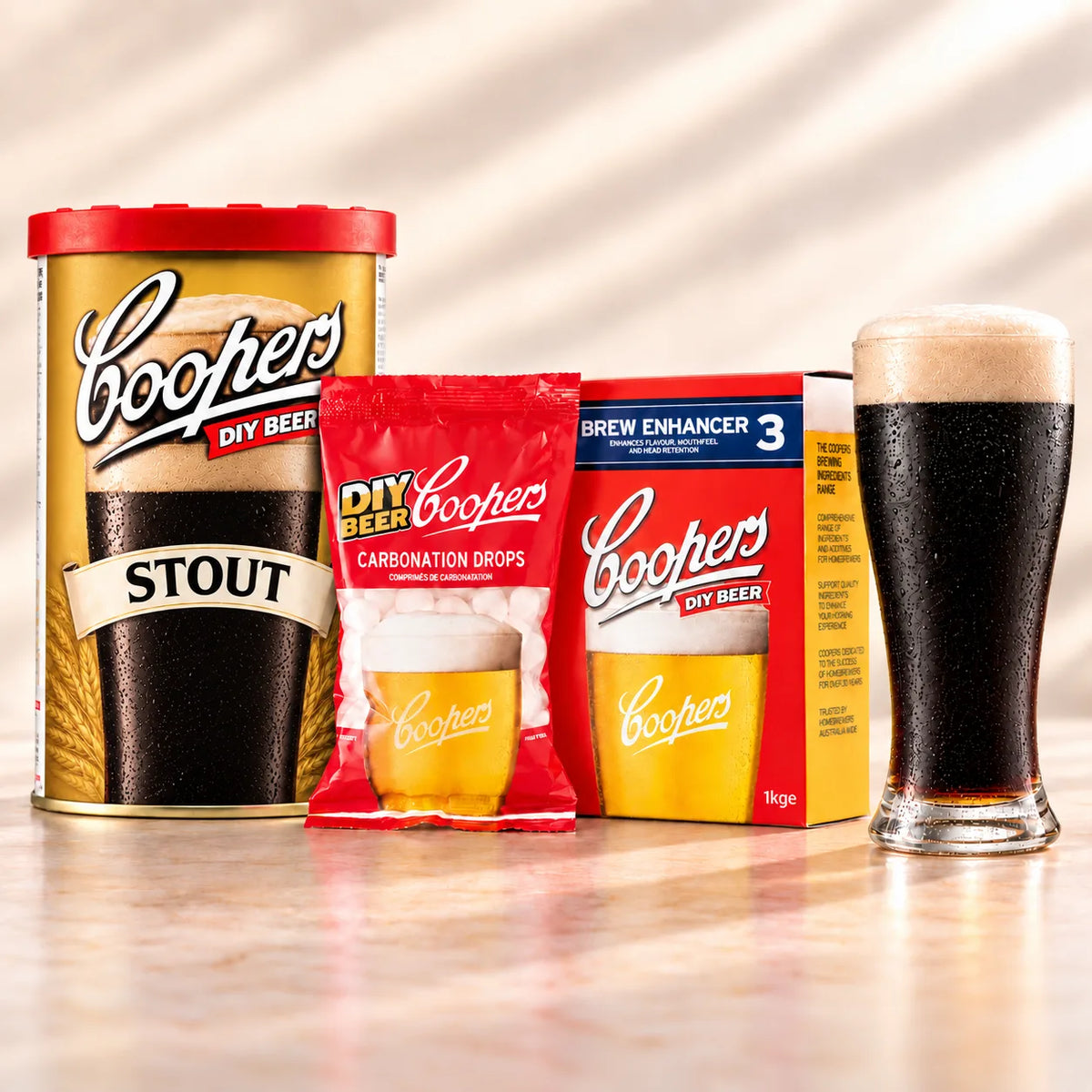 Coopers DIY Stout 5 Gallon Refill with stout beer glass, carbonation drops, and Brew Enhancer 3