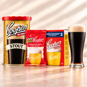 Coopers DIY Stout 5 Gallon Refill with stout beer glass, carbonation drops, and Brew Enhancer 3