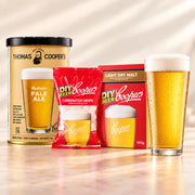 Coopers DIY Thomas Coopers Bootmaker Pale Ale 5 Gallon Refill with beer glass, carbonation drops, and light dry malt