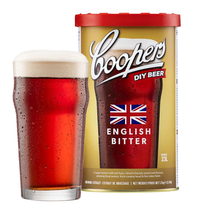 Coopers English Bitter Brewing Extract can with a glass of copper-brown English bitter with a creamy head