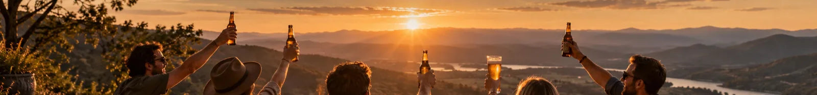 Friends raising beers together outdoors at sunset