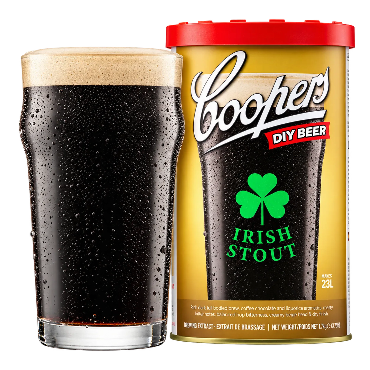 Coopers Irish Stout 5-gallon brewing extract refill with a glass of dark stout