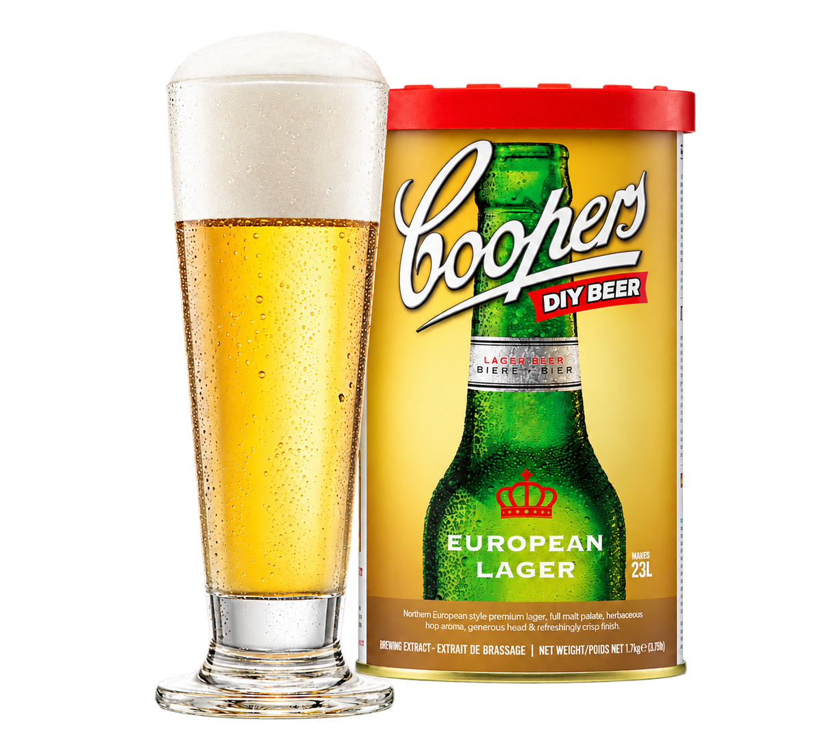 Coopers Lager Brewing Extract can with a glass of light golden lager