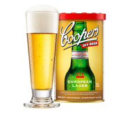 Coopers Lager Brewing Extract can with a glass of light golden lager
