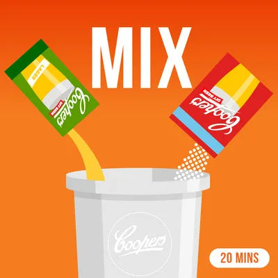 Coopers DIY Mix step adding brewing extract and ingredients to the fermenter