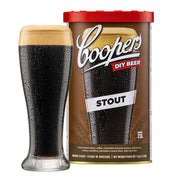 Coopers Stout Brewing Extract can with a glass of dark stout and creamy tan head