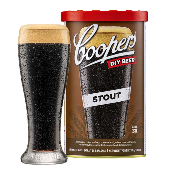 Coopers Stout Brewing Extract can with a glass of dark stout and creamy tan head