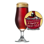 Crimson Knight Imperial Red Ale finished beer with recipe badge