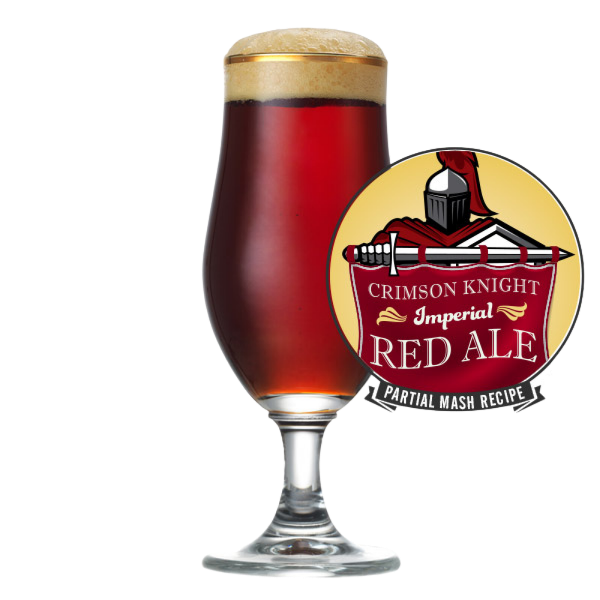 Crimson Knight Imperial Red Ale finished beer with recipe badge