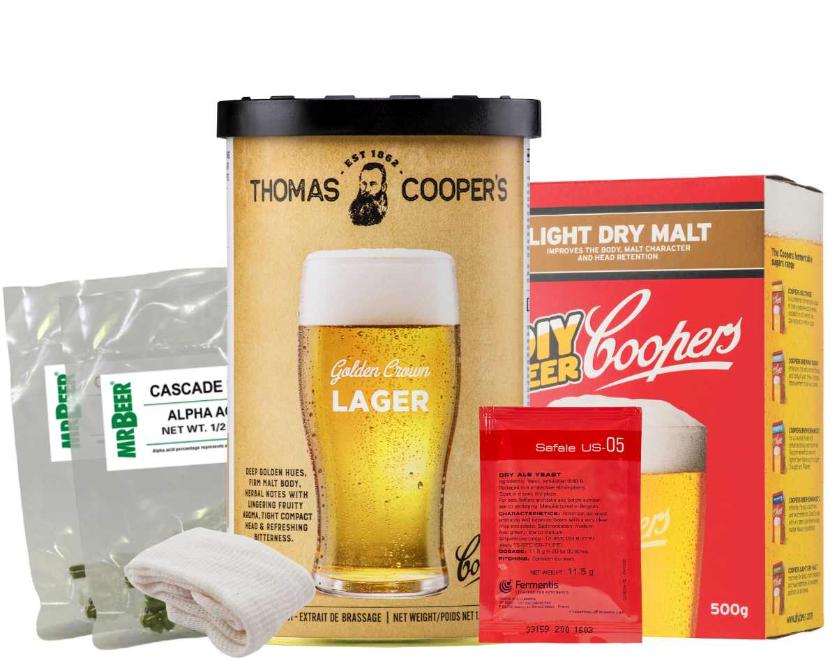 Horse’s Ass American Pale Ale 5 Gallon recipe ingredients with Coopers Golden Crown Lager, Coopers Dry Malt, Cascade hops, US-05 yeast, honey, hop sack, and cleanser
