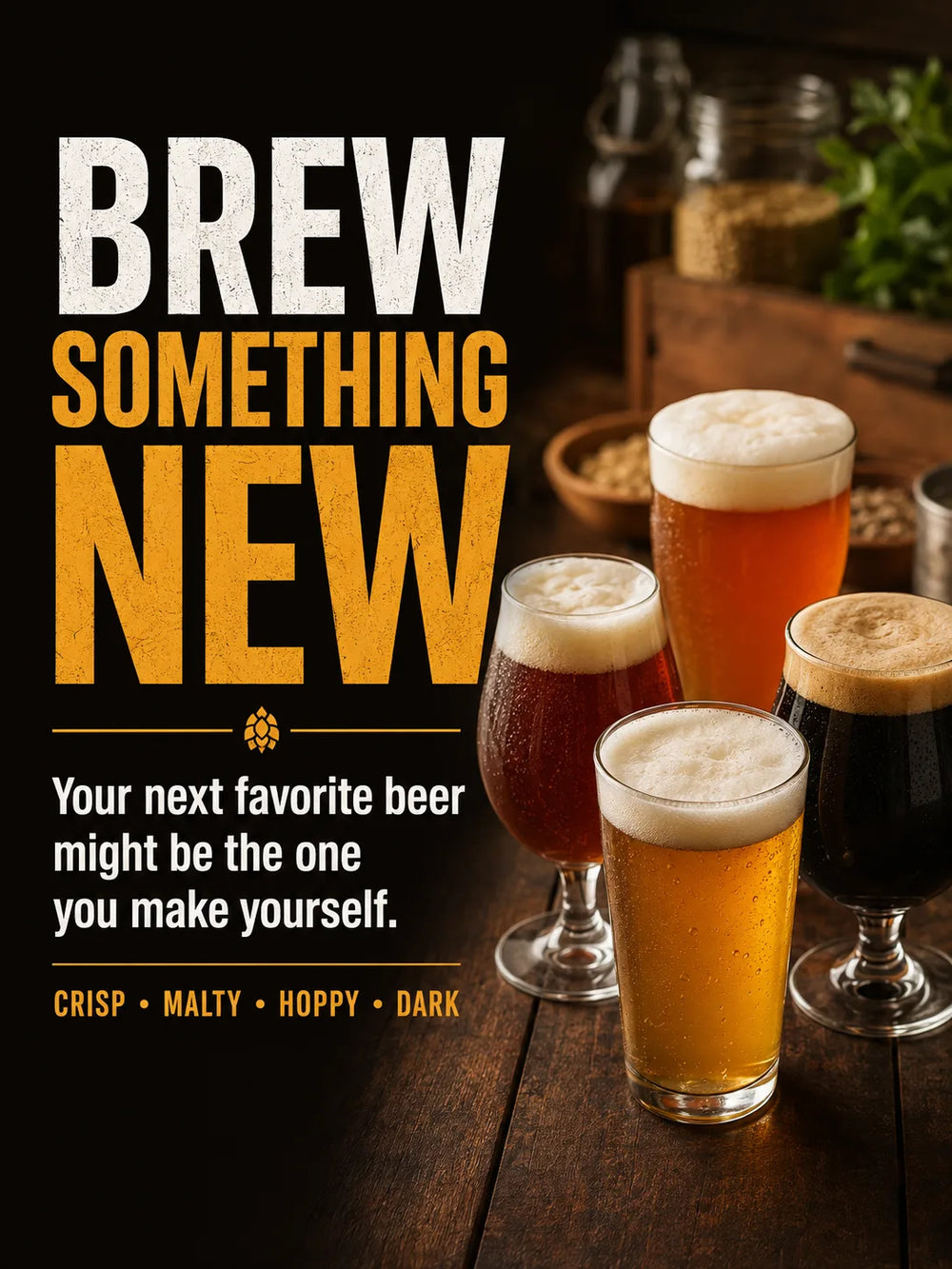 Four different beer styles highlighting crisp, malty, hoppy, and dark beers for homebrewing inspiration.