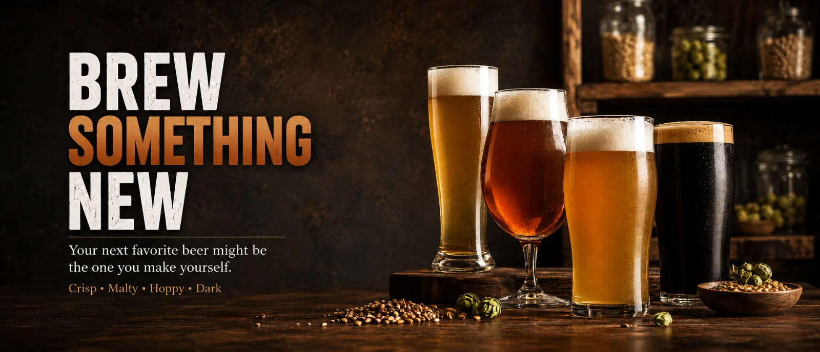 Four different beer styles with the message Brew Something New for Mr. Beer homebrewers.