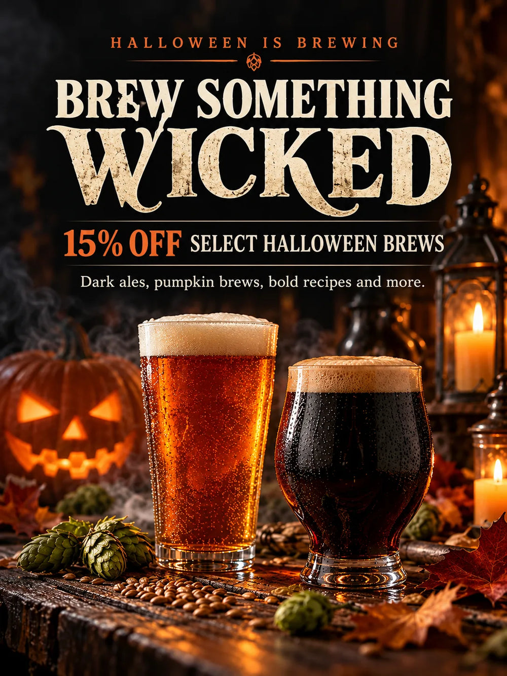 Mr. Beer Halloween mobile promotion featuring amber and dark beers, a glowing jack-o’-lantern, candles, and 15% off select Halloween brews