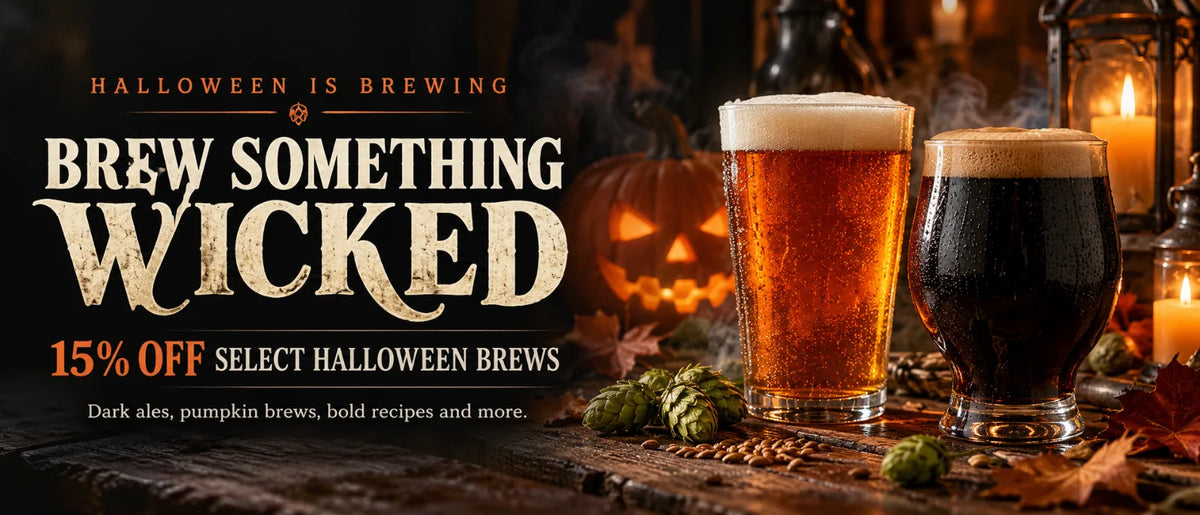 Mr. Beer Halloween mobile promotion featuring amber and dark beers, a glowing jack-o’-lantern, candles, and 15% off select Halloween brews