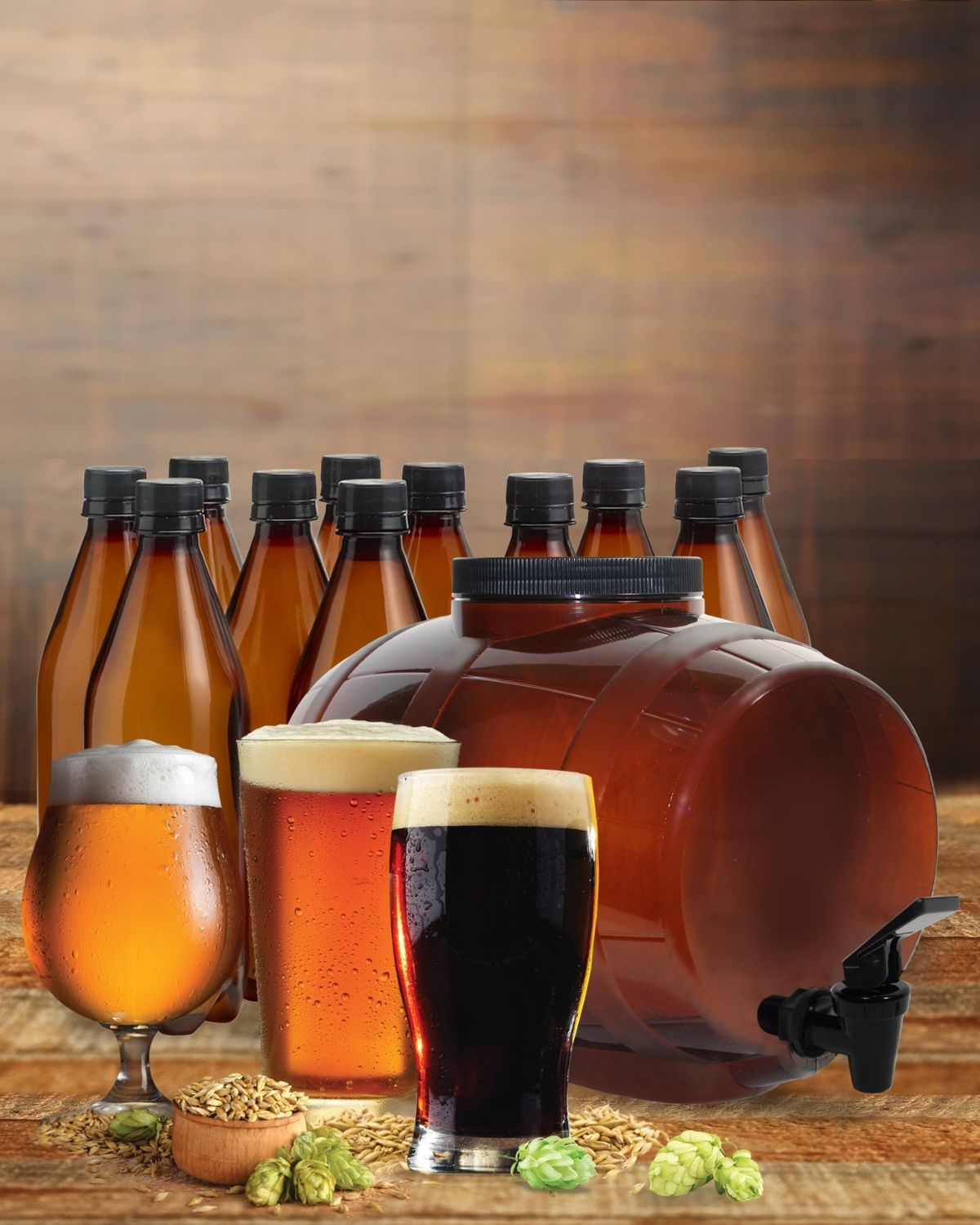 Mr. Beer homebrewing system banner featuring the Little Brown Keg, amber bottles, and three finished beers on a rustic wood background.