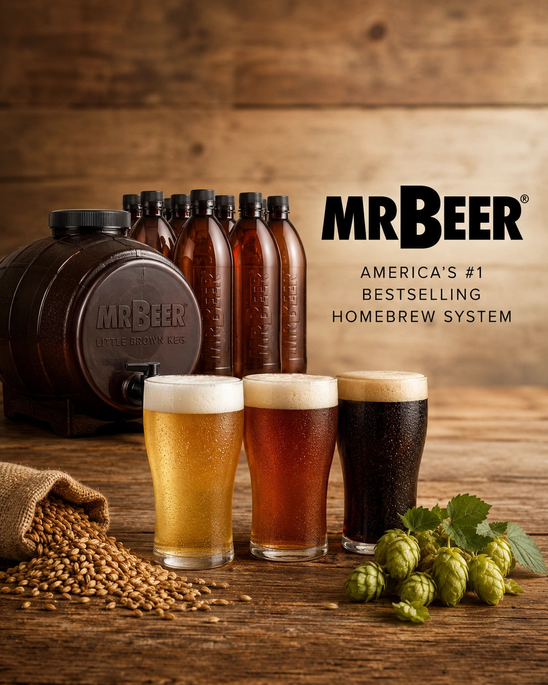 Mr. Beer homebrewing system banner featuring the Little Brown Keg, amber bottles, and three finished beers on a rustic wood background.