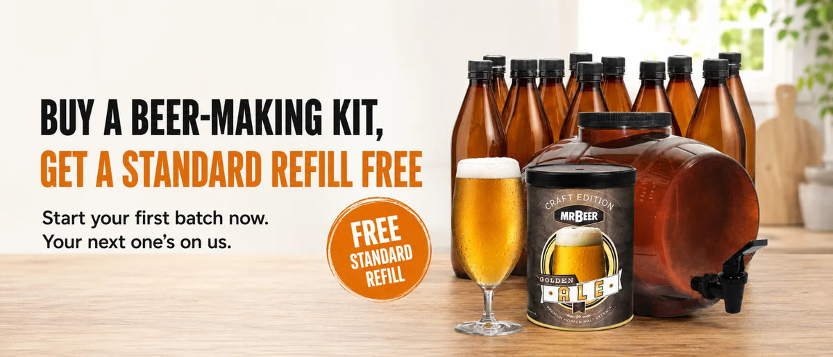 Mr. Beer complete beer-making kit with Golden Ale refill, fermenter, bottles, and finished beer promoting a free Standard Refill.