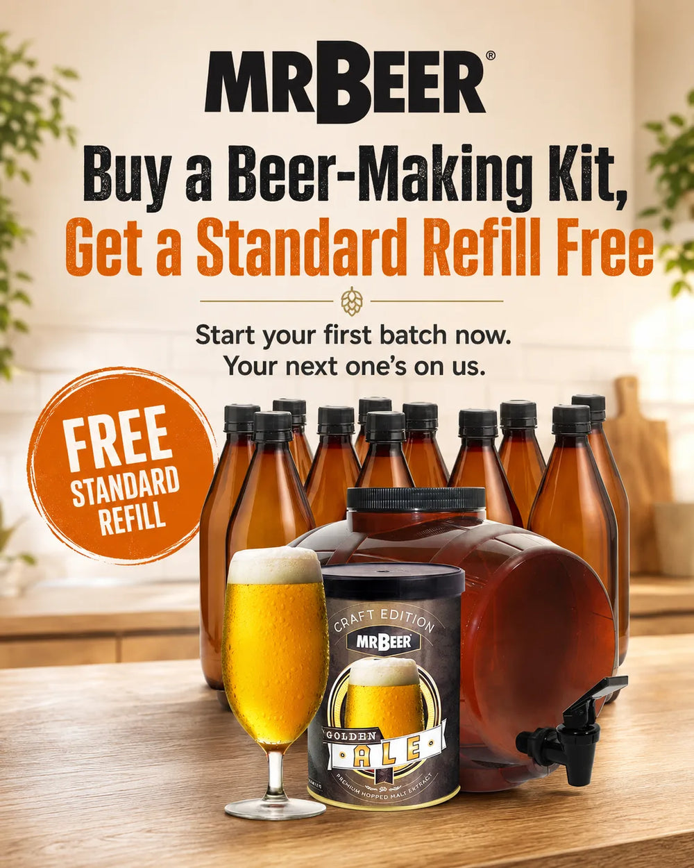 Mr. Beer beer-making kit with Golden Ale refill, fermenter, bottles, and finished beer with a free Standard Refill offer.