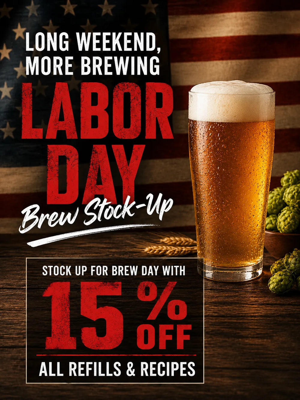 Mr. Beer Labor Day Brew Stock-Up mobile banner featuring 15% off all refills and recipes.