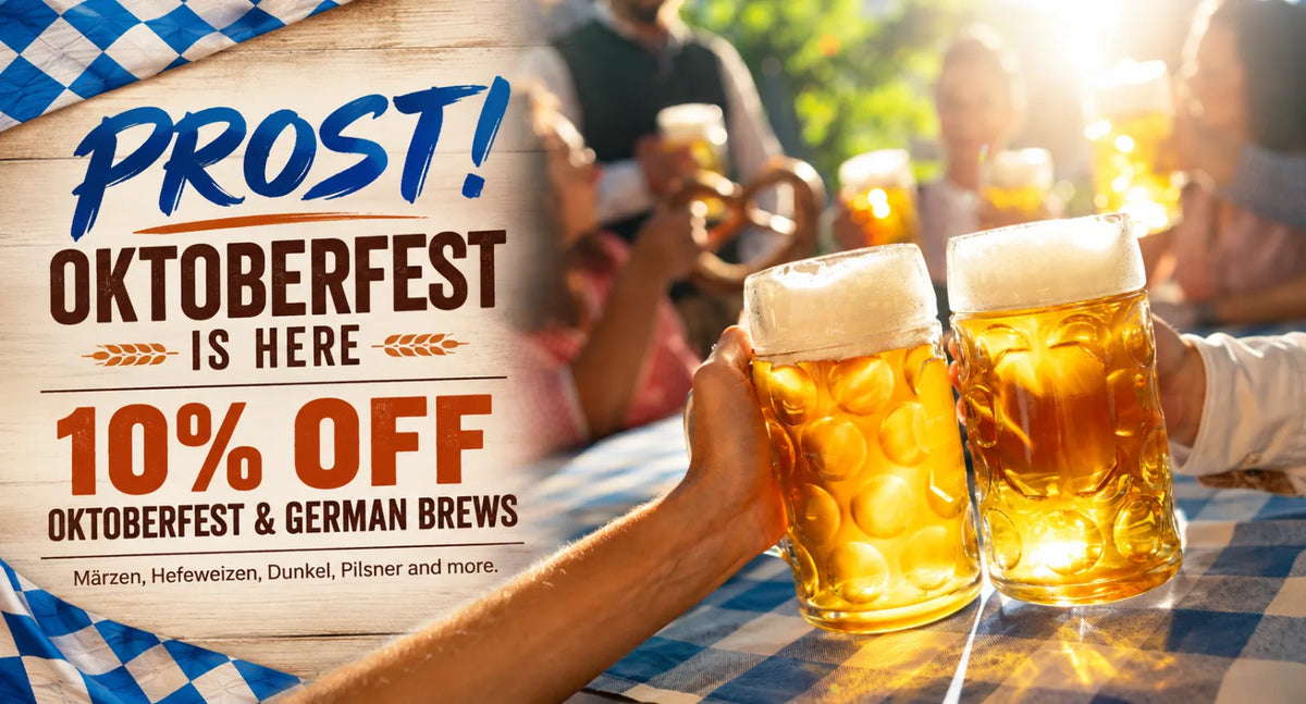 Mr. Beer Oktoberfest promotion featuring 10% off Oktoberfest and German brews with friends toasting golden beers