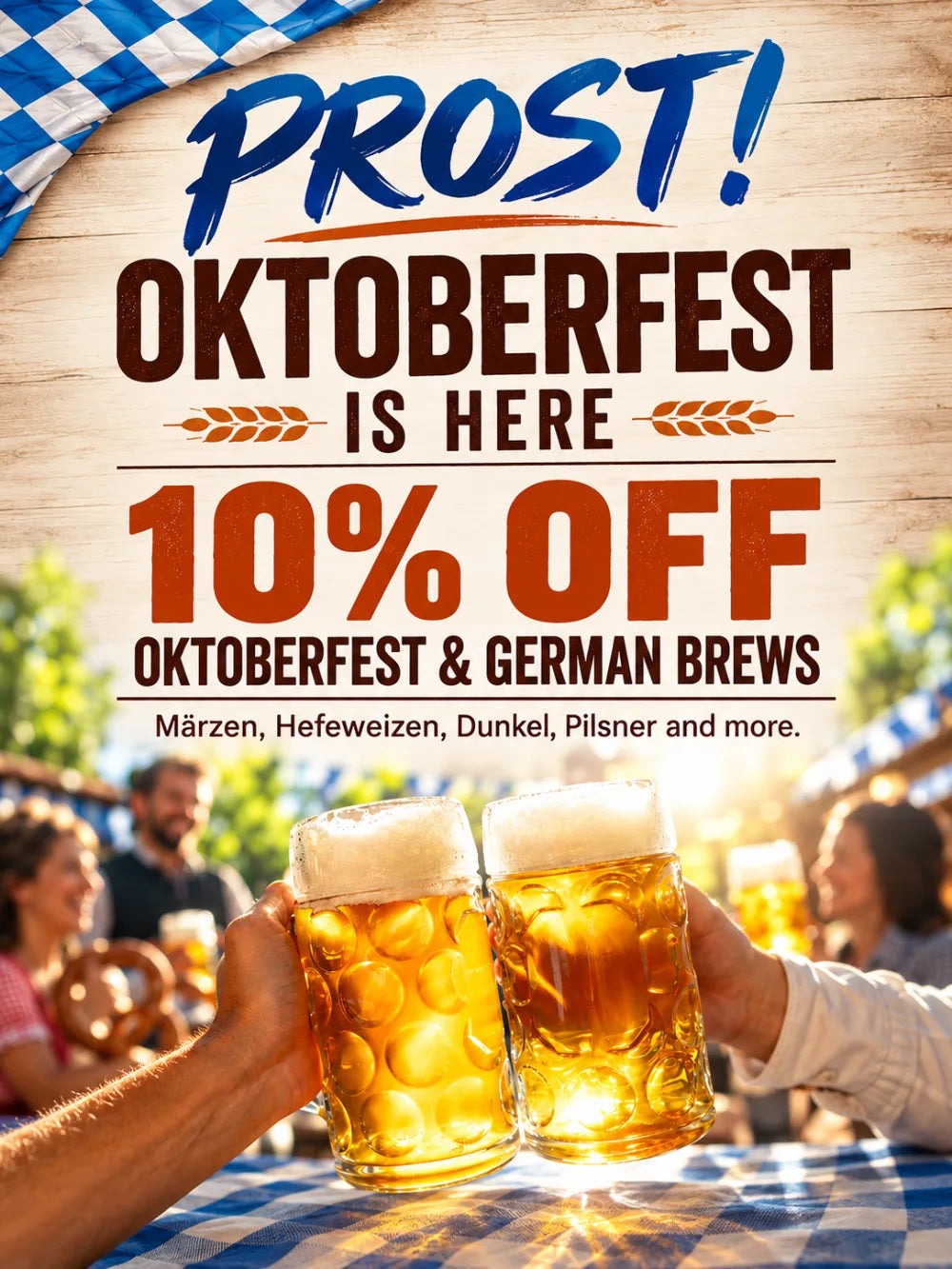 Mr. Beer Oktoberfest promotion featuring 10% off Oktoberfest and German brews with friends toasting golden beers