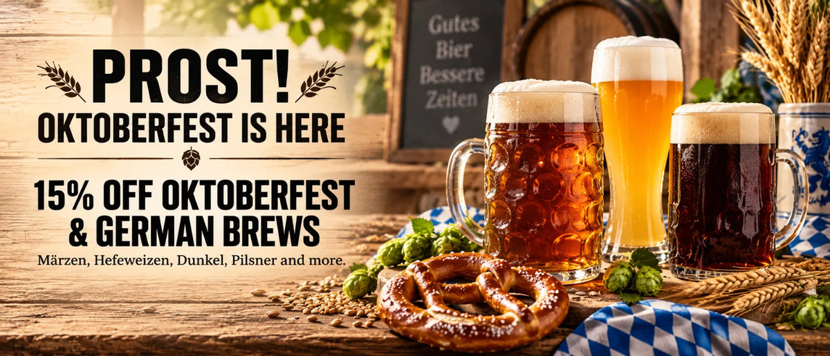 15% off Oktoberfest and German brews banner with Märzen, Hefeweizen, and dark lager beers, pretzel, hops, and Bavarian-inspired styling