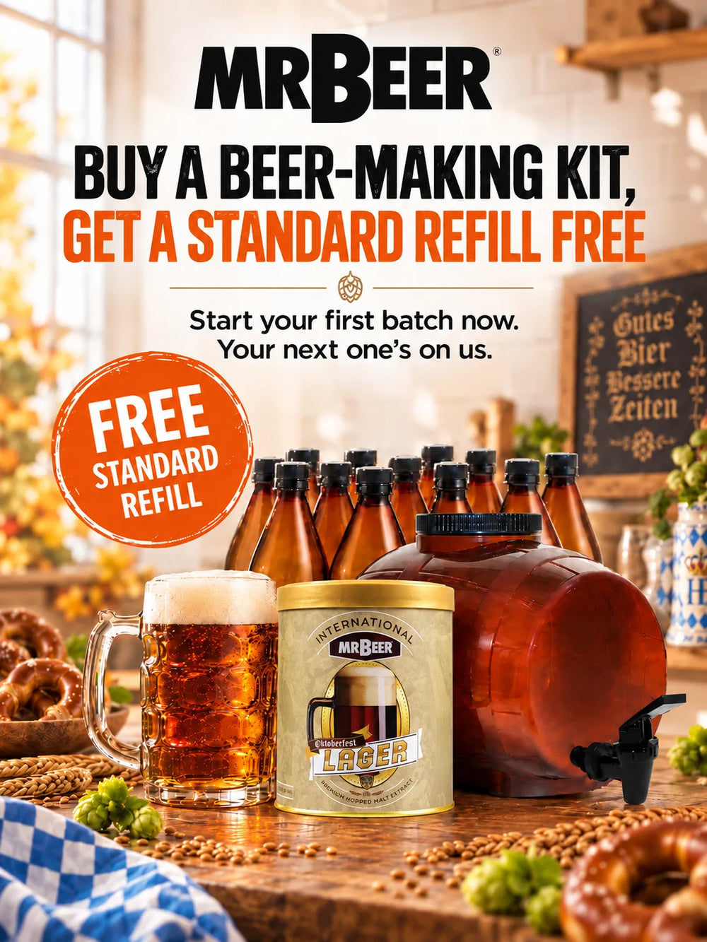 Buy a Beer-Making Kit, Get a Standard Refill Free promotion with Mr. Beer fermenter, Oktoberfest Lager can, and amber beer mug
