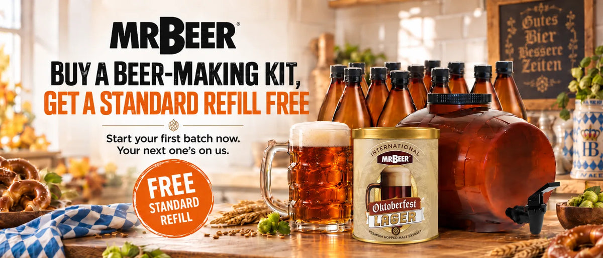 Buy a Beer-Making Kit, Get a Standard Refill Free promotion with Mr. Beer fermenter, Oktoberfest Lager can, and amber beer mug