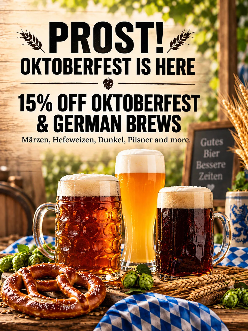 15% off Oktoberfest and German brews banner with Märzen, Hefeweizen, and dark lager beers, pretzel, hops, and Bavarian-inspired styling