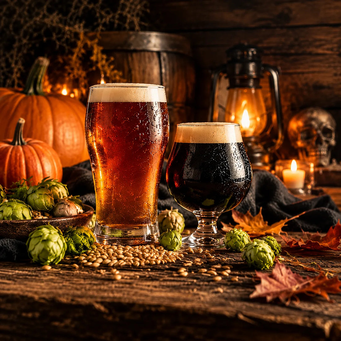 Spooky season beer scene with amber ale, dark stout, pumpkins, hops, candles, and Halloween decor