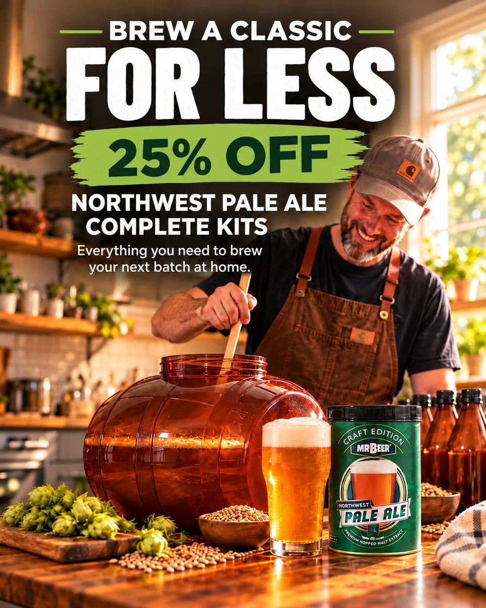 Mr. Beer Northwest Pale Ale Complete Kit 25% off promotion featuring a homebrewer stirring a 2-gallon fermenter with beer, bottles, and brewing ingredients.
