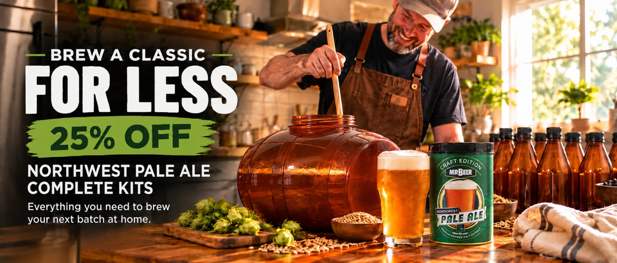 Mr. Beer Northwest Pale Ale Complete Kit 25% off promotion featuring a homebrewer stirring a 2-gallon fermenter with beer, bottles, and brewing ingredients.